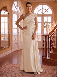 One Shoulder Satin Mermaid 3D Flower Sleeveless Long Evening Dresses