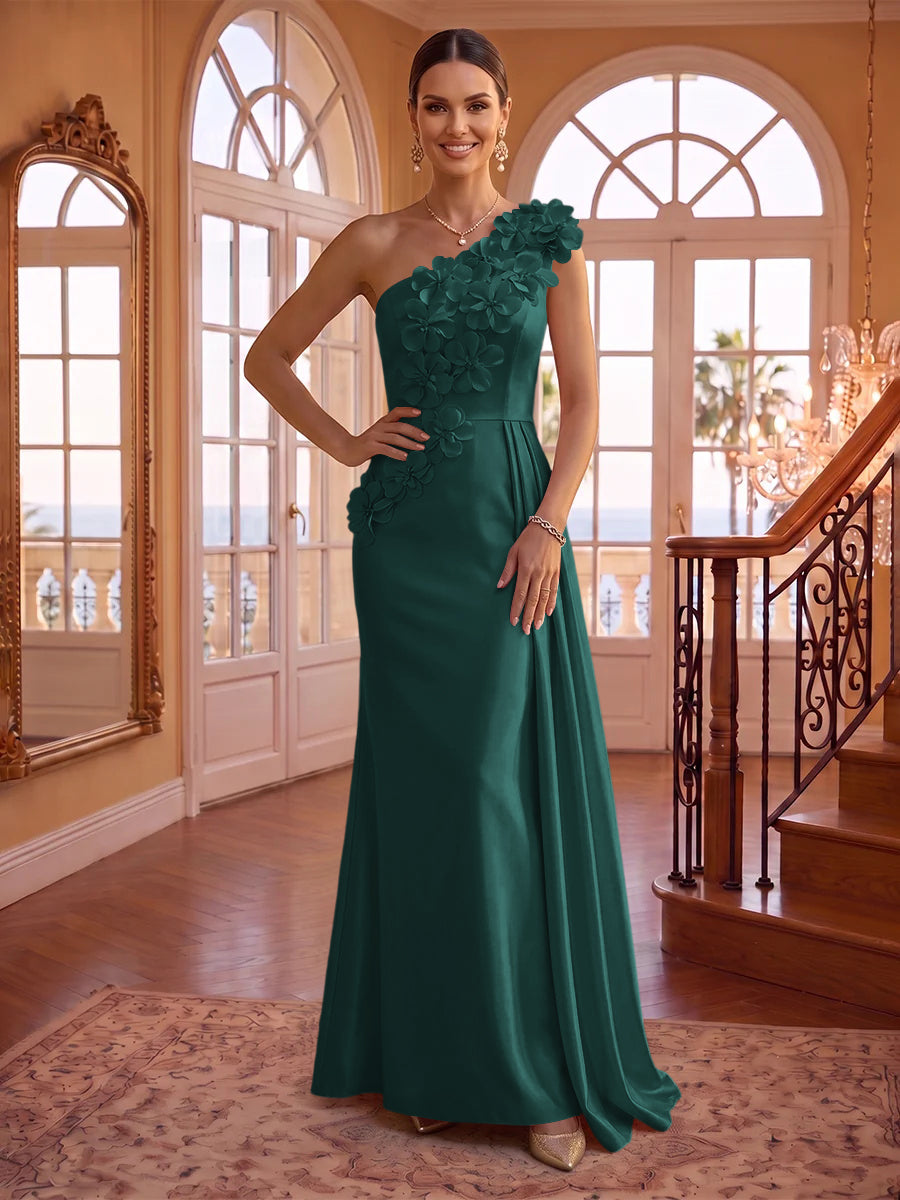 One Shoulder Satin Mermaid 3D Flower Sleeveless Long Evening Dresses