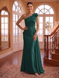 One Shoulder Satin Mermaid 3D Flower Sleeveless Long Evening Dresses