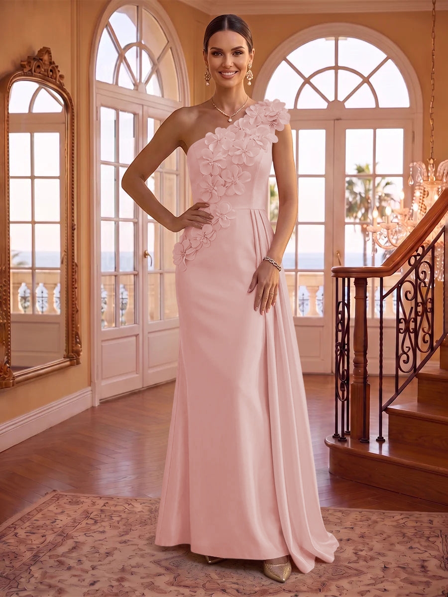 One Shoulder Satin Mermaid 3D Flower Sleeveless Long Evening Dresses