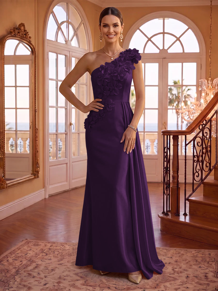 One Shoulder Satin Mermaid 3D Flower Sleeveless Long Evening Dresses