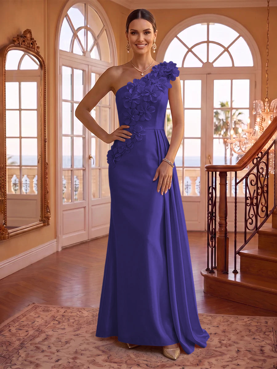 One Shoulder Satin Mermaid 3D Flower Sleeveless Long Evening Dresses