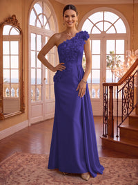 One Shoulder Satin Mermaid 3D Flower Sleeveless Long Evening Dresses