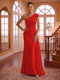 One Shoulder Satin Mermaid 3D Flower Sleeveless Long Evening Dresses