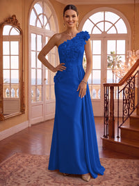 One Shoulder Satin Mermaid 3D Flower Sleeveless Long Evening Dresses