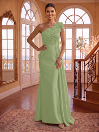 One Shoulder Satin Mermaid 3D Flower Sleeveless Long Evening Dresses