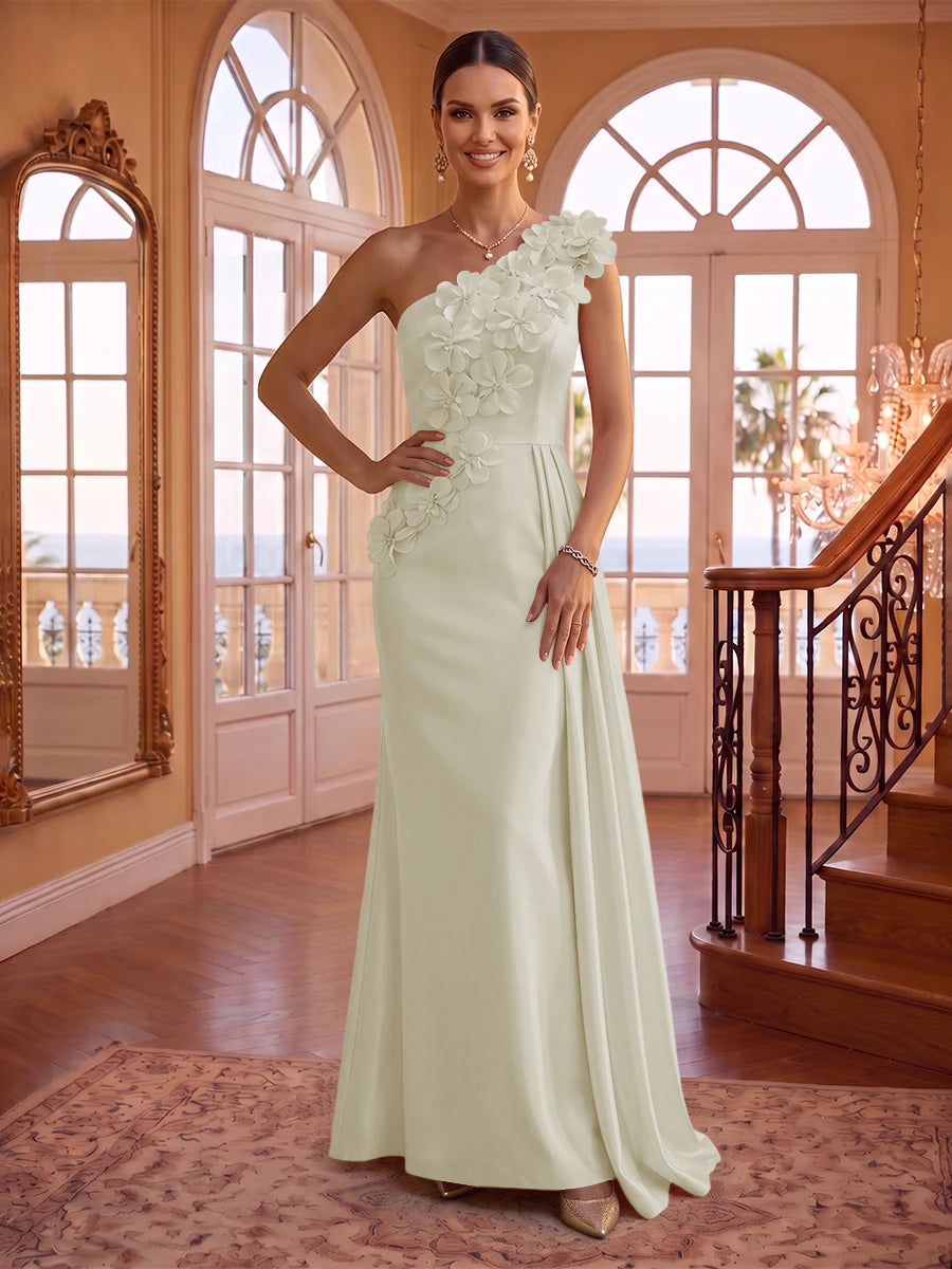 One Shoulder Satin Mermaid 3D Flower Sleeveless Long Evening Dresses