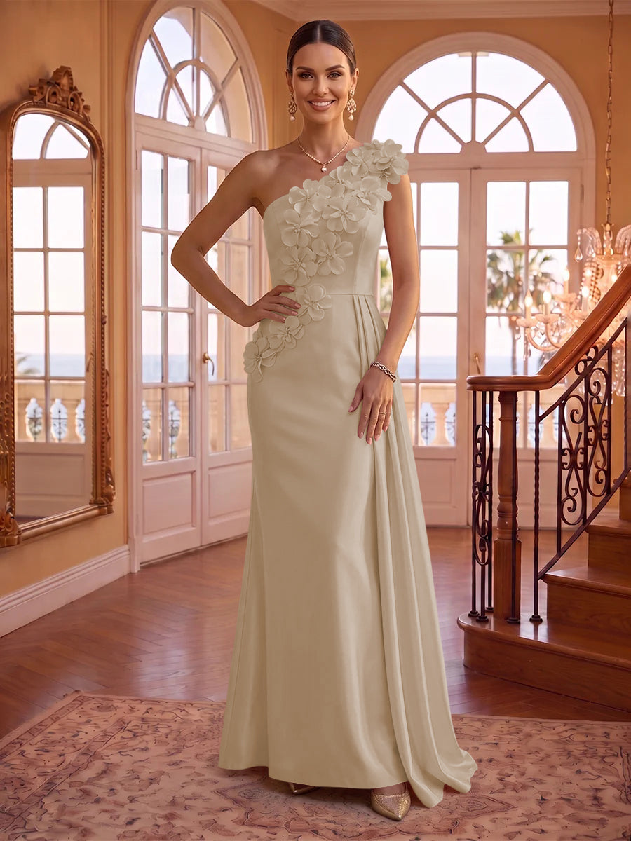 One Shoulder Satin Mermaid 3D Flower Sleeveless Long Evening Dresses