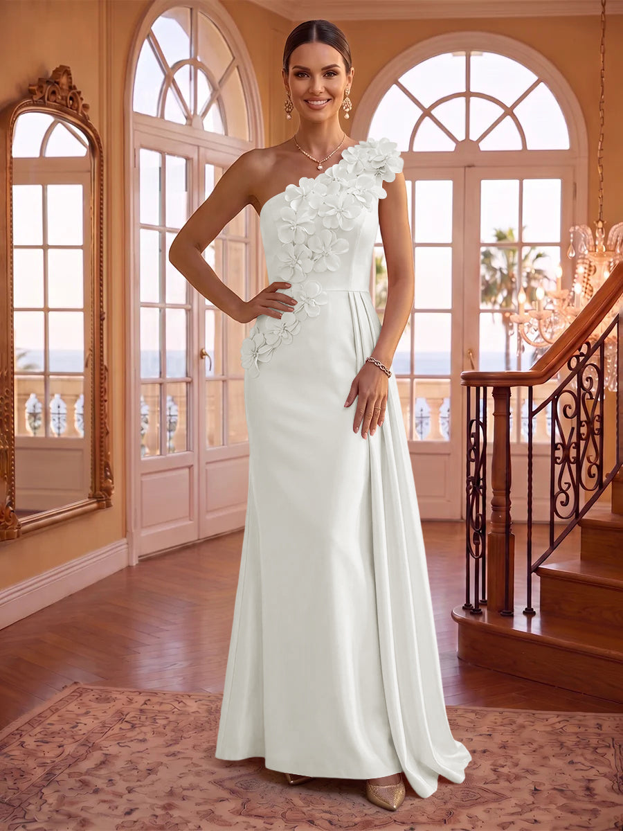 One Shoulder Satin Mermaid 3D Flower Sleeveless Long Evening Dresses