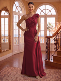 One Shoulder Satin Mermaid 3D Flower Sleeveless Long Evening Dresses