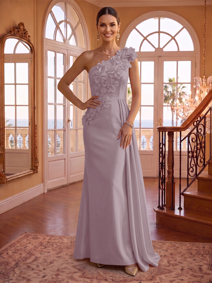 One Shoulder Satin Mermaid 3D Flower Sleeveless Long Evening Dresses