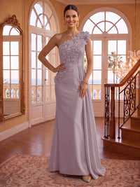 One Shoulder Satin Mermaid 3D Flower Sleeveless Long Evening Dresses