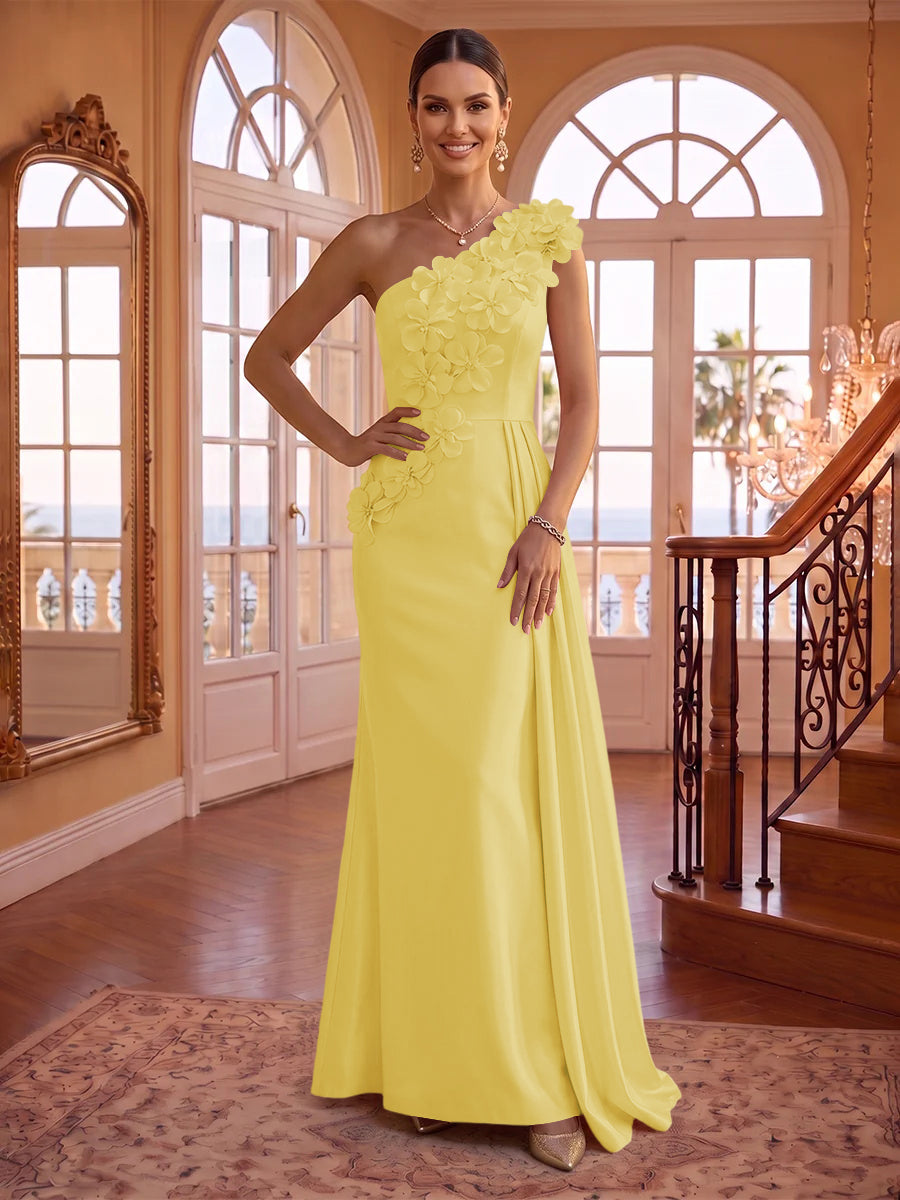 One Shoulder Satin Mermaid 3D Flower Sleeveless Long Evening Dresses