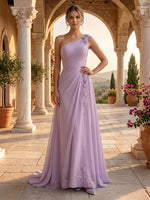 One Shoulder Chiffon A Line Sleeveless Floor Length Evening Dresses