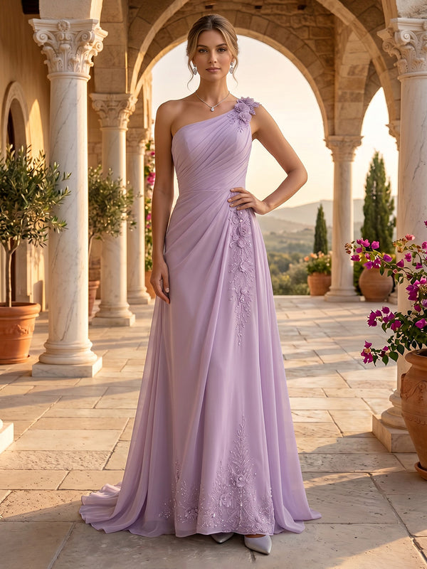 One Shoulder Chiffon A Line Sleeveless Floor Length Evening Dresses