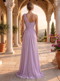 One Shoulder Chiffon A Line Sleeveless Floor Length Evening Dresses