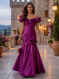 Off the Shoulder Mermaid Evening Dresses Ruffles Satin Sleeveless