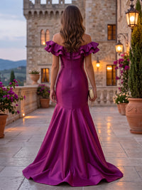 Off the Shoulder Mermaid Evening Dresses Ruffles Satin Sleeveless