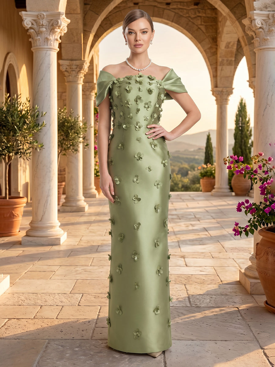Off the Shoulder Sheath Satin Sleeveless 3D Flowers Long Evening Dresses
