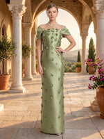 Off the Shoulder Sheath Satin Sleeveless 3D Flowers Long Evening Dresses