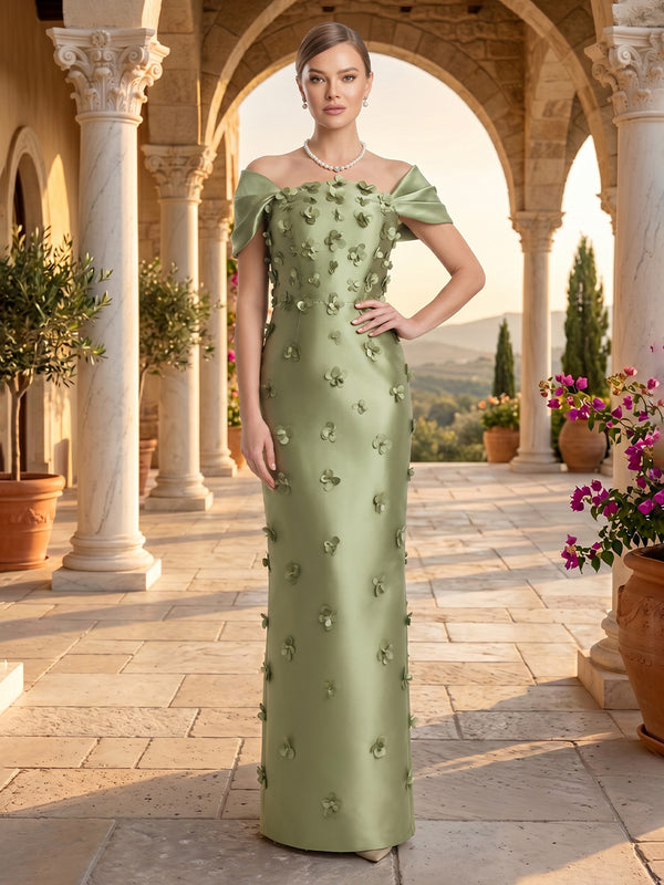 Off the Shoulder Sheath Satin Sleeveless 3D Flowers Long Evening Dresses