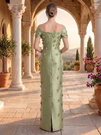 Off the Shoulder Sheath Satin Sleeveless 3D Flowers Long Evening Dresses
