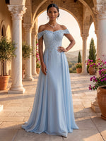 Off the Shoulder A Line Chiffon Sleeveless Lace Applique Evening Dresses