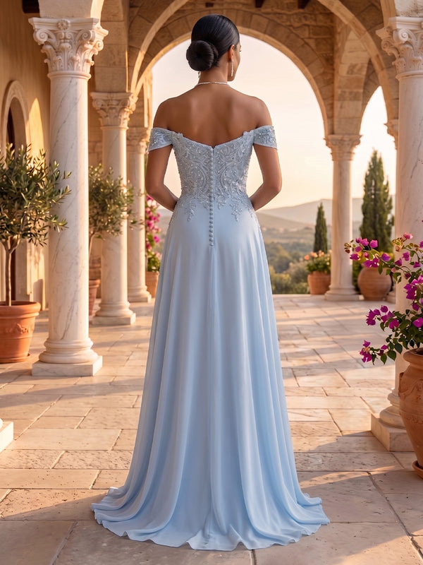 Off the Shoulder A Line Chiffon Sleeveless Lace Applique Evening Dresses