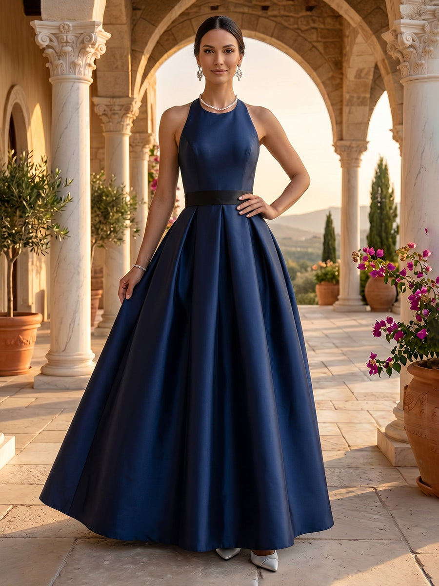 Halter A Line Satin Sleeveless Floor Length Long Evening Dresses