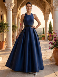 Halter A Line Satin Sleeveless Floor Length Long Evening Dresses