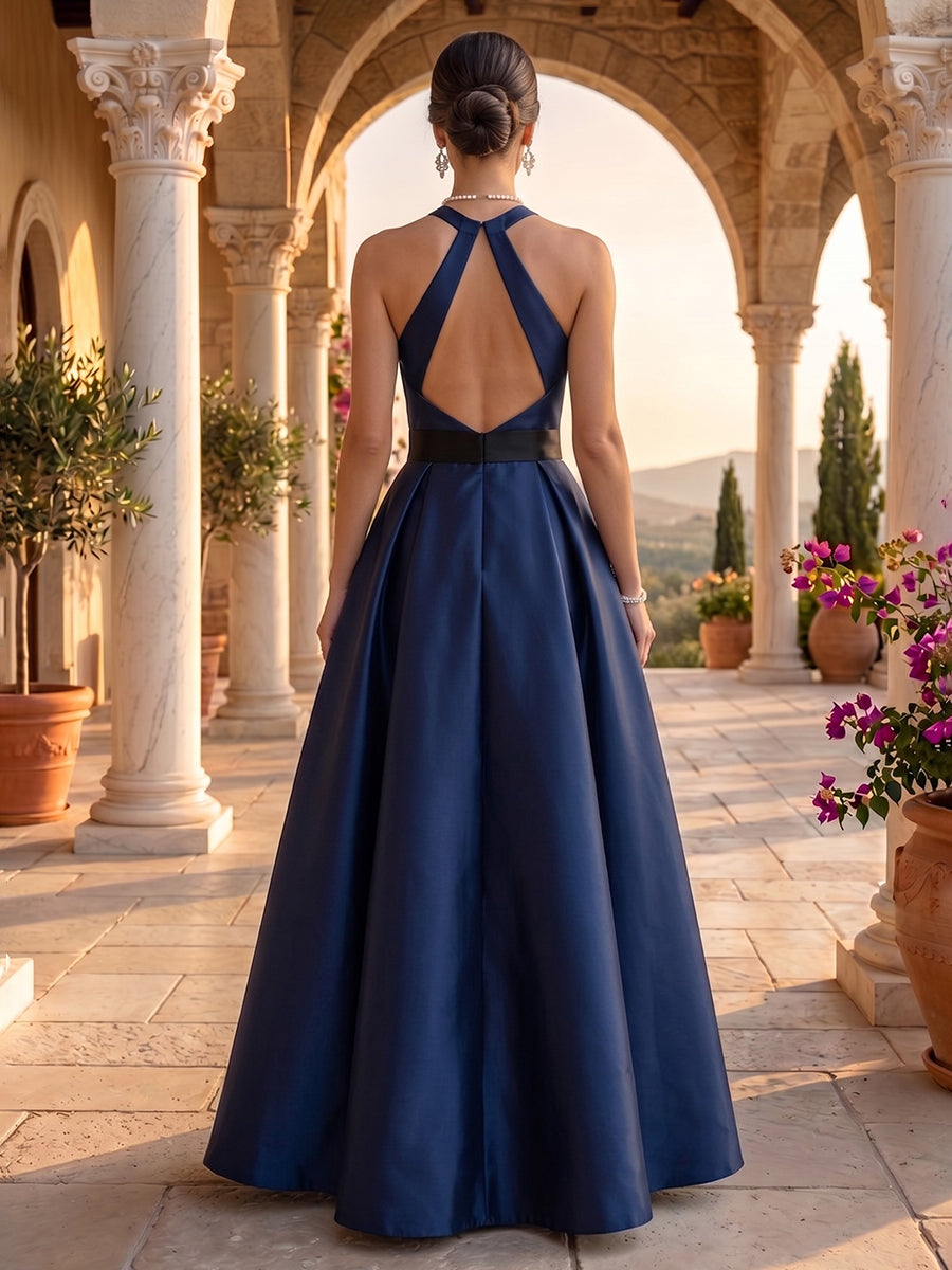 Halter A Line Satin Sleeveless Floor Length Long Evening Dresses