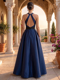 Halter A Line Satin Sleeveless Floor Length Long Evening Dresses