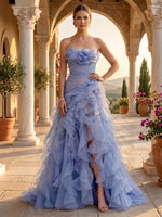 Strapless A Line Chiffon Sleeveless Ruffles Long Evening Dresses