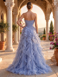 Strapless A Line Chiffon Sleeveless Ruffles Long Evening Dresses