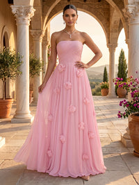 Strapless A Line Chiffon Sleeveless 3D Flowers Long Evening Dresses
