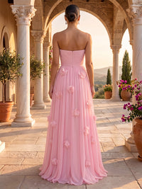 Strapless A Line Chiffon Sleeveless 3D Flowers Long Evening Dresses