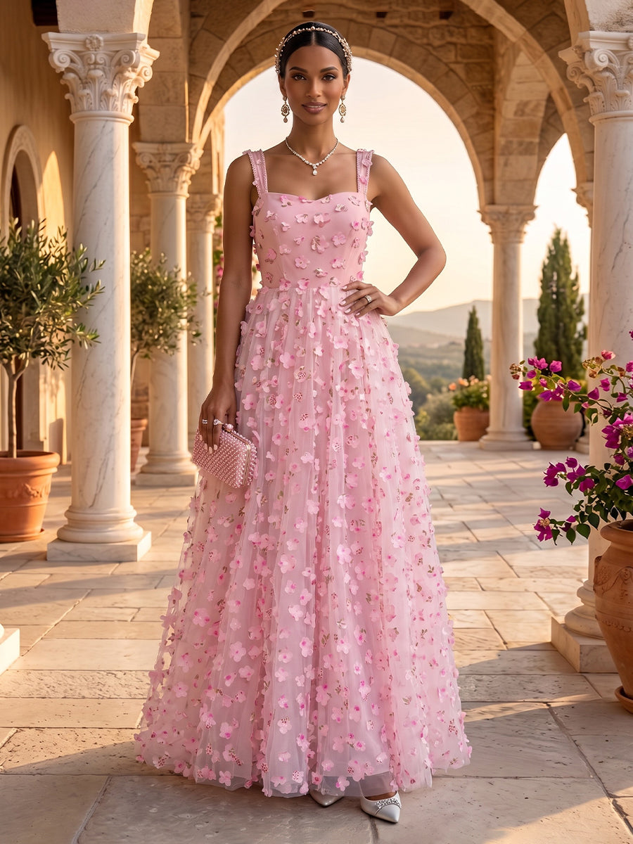 Sweetheart A Line Tulle Sleeveless 3D Flowers Long Evening Dresses