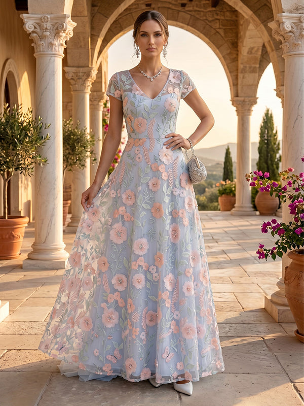 V Neck A Line Tulle Short Sleeves Embroidery Evening Dresses