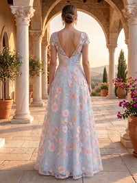 V Neck A Line Tulle Short Sleeves Embroidery Evening Dresses