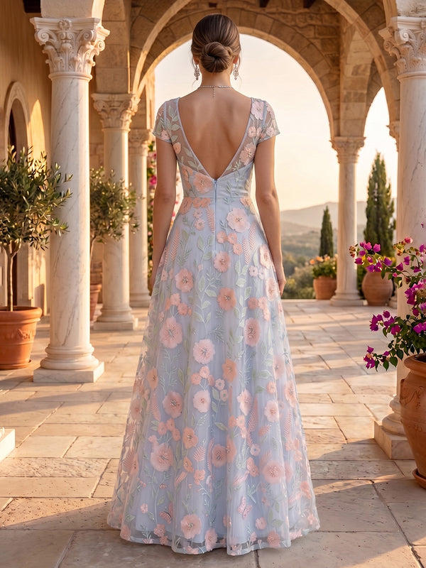 V Neck A Line Tulle Short Sleeves Embroidery Evening Dresses