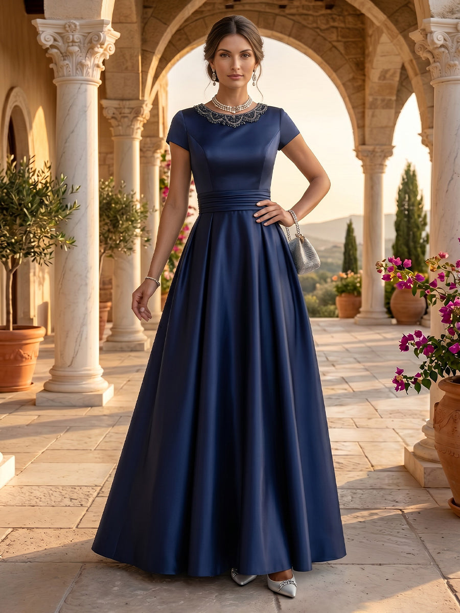 Jewel A Line Satin Short Sleeves Floor Length Long Evening Dresses