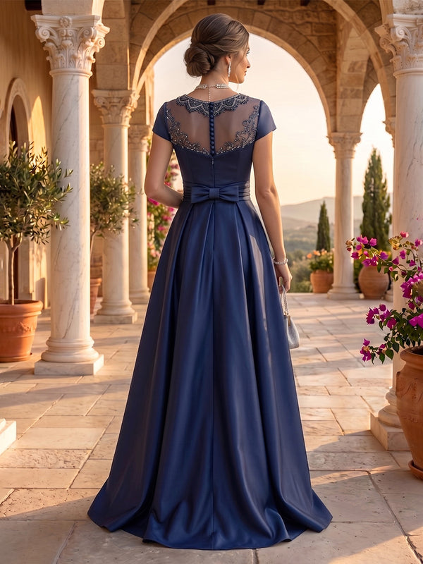Jewel A Line Satin Short Sleeves Floor Length Long Evening Dresses