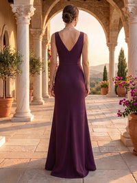 V Neck Satin Mermaid Sleeveless Long Evening Dresses
