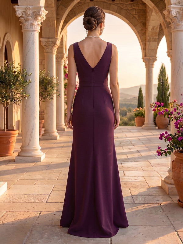 V Neck Satin Mermaid Sleeveless Long Evening Dresses