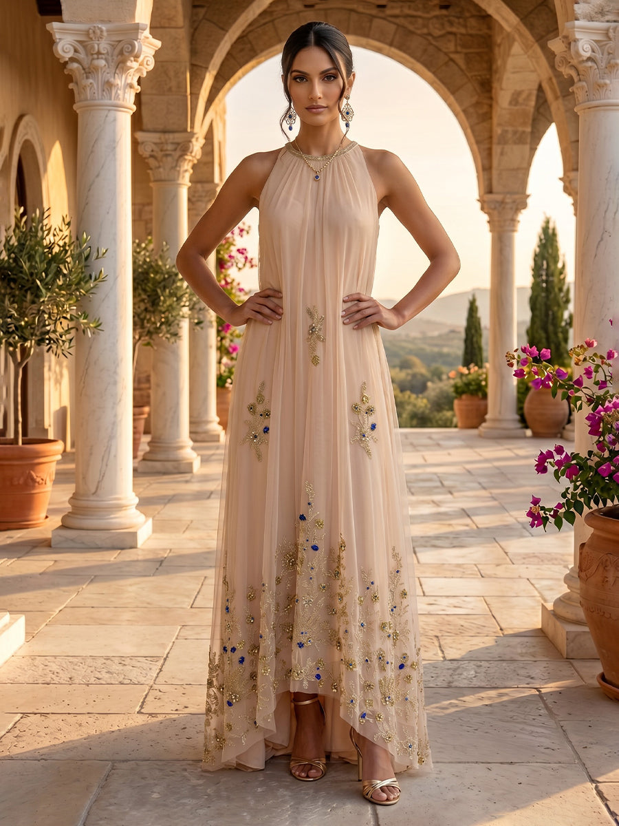Halter A Line Chiffon Lace Applique Sleeveless  Evening Dresses