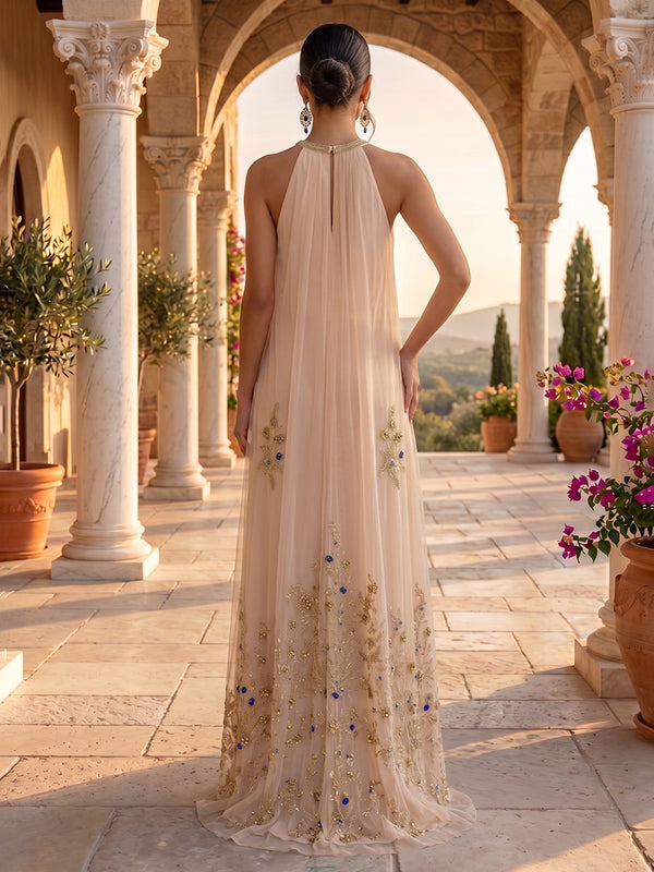 Halter A Line Chiffon Lace Applique Sleeveless  Evening Dresses