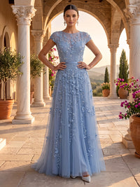Jewel A Line Lace Applique Floral Evening Dresses