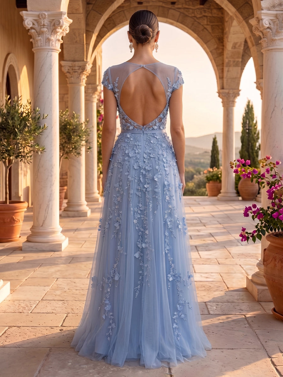 Jewel A Line Lace Applique Floral Evening Dresses