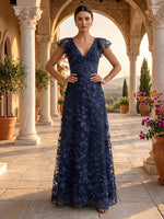 V Neck A Line Lace Applique Floor Length Evening Dresses
