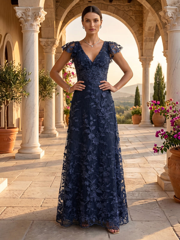 V Neck A Line Lace Applique Floor Length Evening Dresses